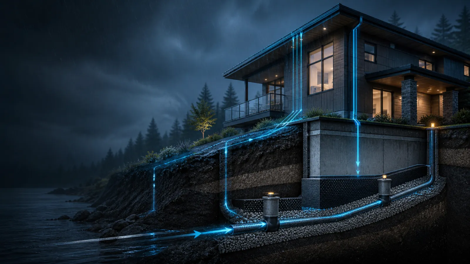 Illustrative cutaway showing a conceptual rain-to-outlet drainage path
